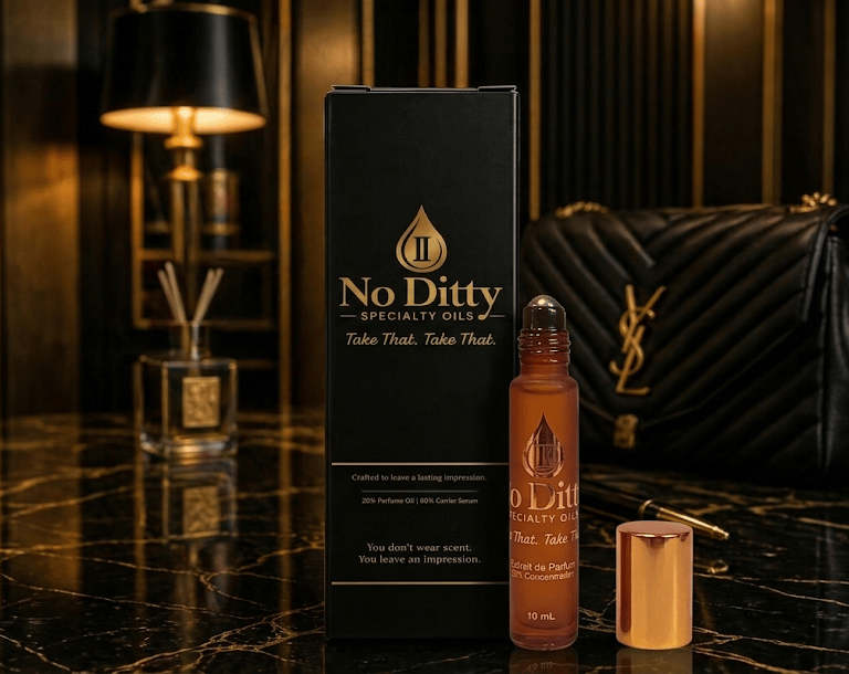 No Ditty 25% Extrait/Parfum | Pure oil roll-on bottle and packaging display, featuring Jojoba oil base and luxury branding.
