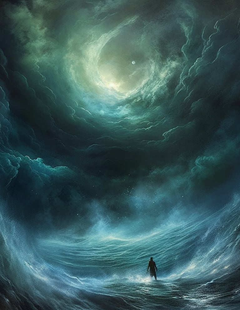 A person standing in a large body of water seeking clarity and insight.