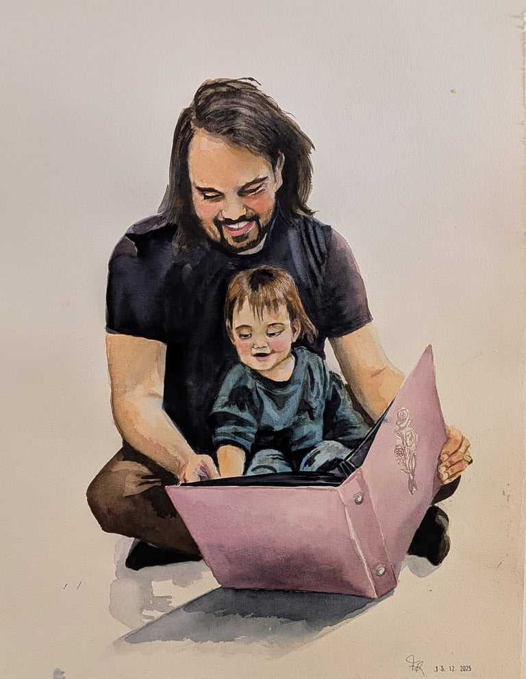 Papa en baby zitten samen een boek te lezen en lachen, waterverf portret als geschenk.