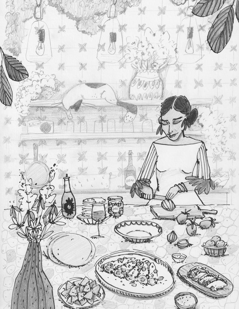 Schwarz weiß Illustration mit Tusche und Bleistift eine Frau Kocht Mexikanisches Essen