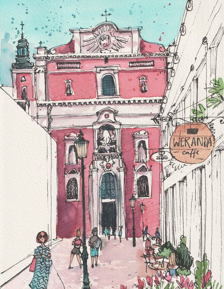 Urban Sketch Illustration dokumentarische Skizze poznan basilika in Aqurell und Tusche