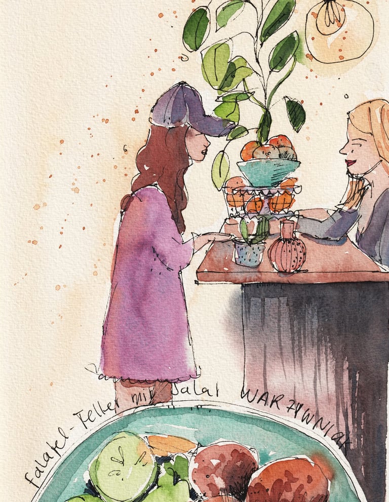 Illustration Falafelteller zwei Frauen an einer Holtheke warmes licht
