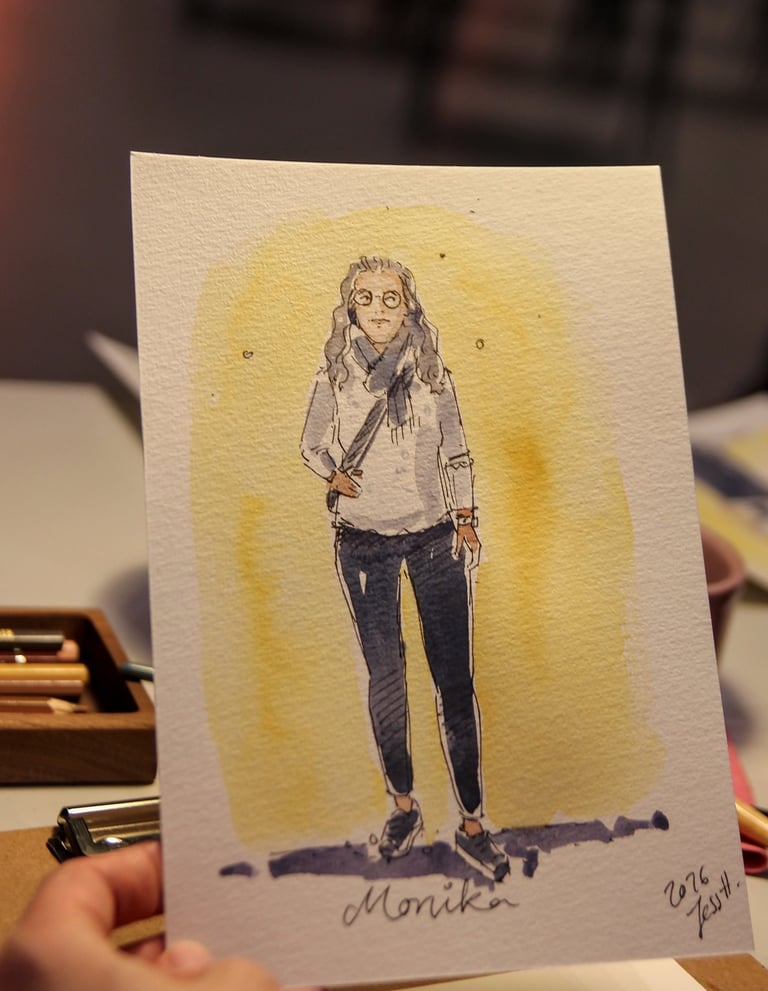 Gästeportrait, live mit Tusche und Aquarell, auf einer Veranstaltung