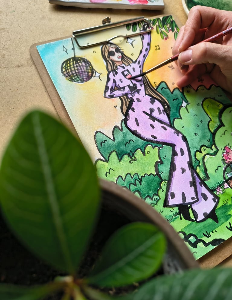Editorial Lifestyleillustration, handgemalt mit Tusche und Aquarell