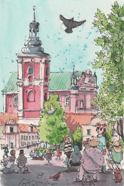 Urban Sketch Illustration dokumentarische Skizze poznan basilika in Aqurell und Tusche