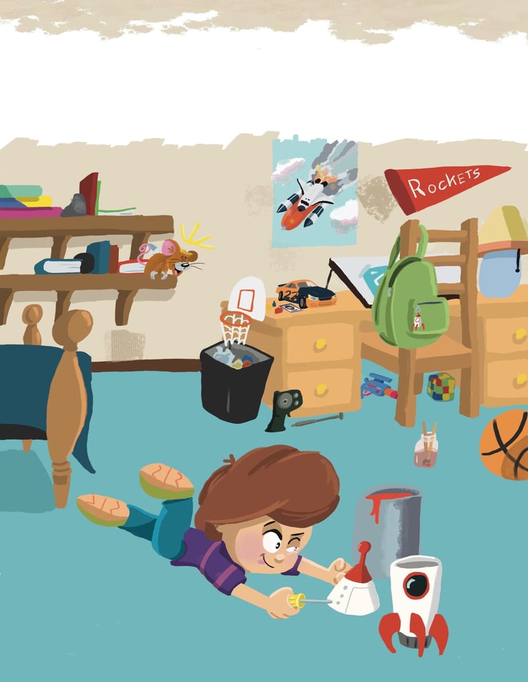 A boy in his room working on a space shuttle model while a mouse watches in the background.