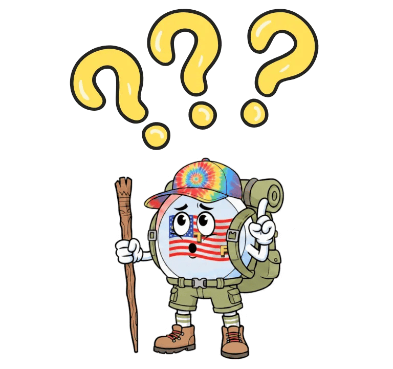 Confused American Travel Fun hiker mascot holding a walking stick with large yellow question marks above its head.