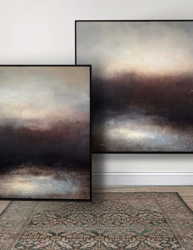 two moody and atmospheric abstract landscape paintings by Kerr Ashmore on a wall