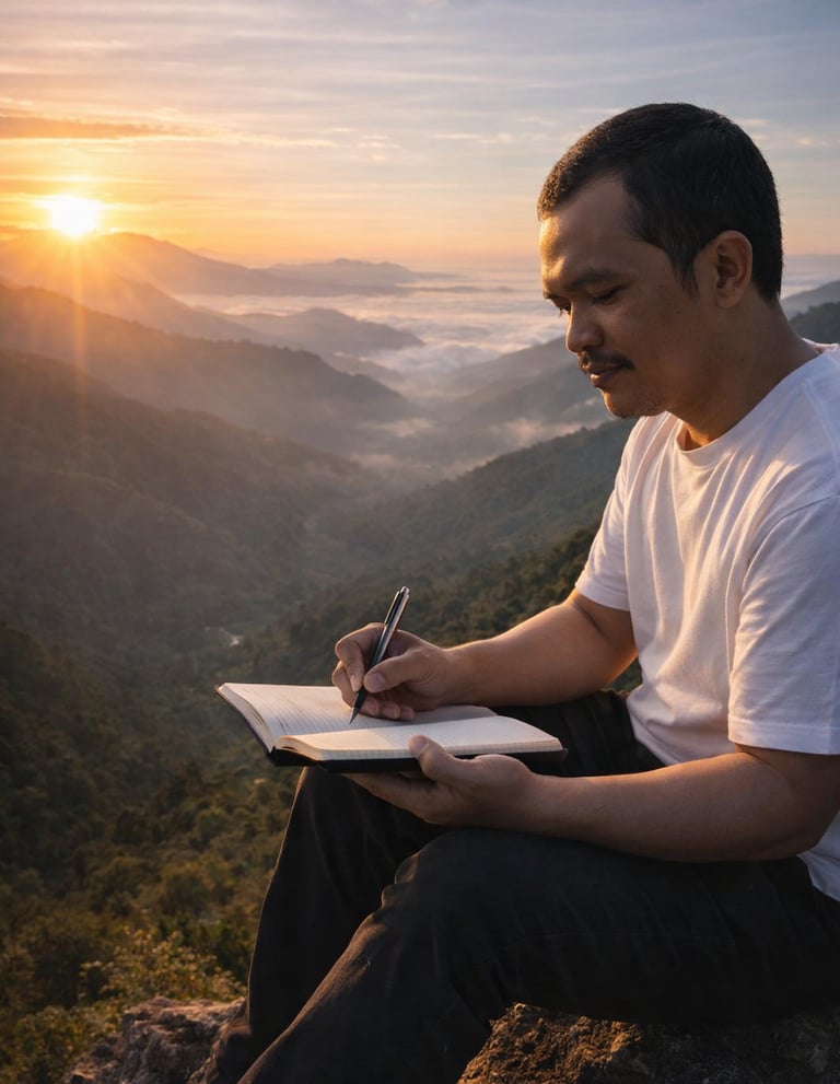 poto armando sinaga sedang menulis di pegunungan,dengan pemandangan matahari terbit dari timur