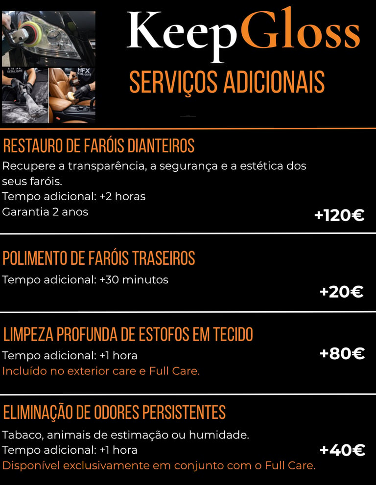 Serviços adicionais de detailing automóvel disponíveis na KeepGloss em Aveiro.