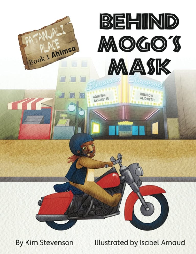 Book cover of Behind Mogo's Mask by Kim Stevenson. A cartoon lion rides a red motorcycle in a city.