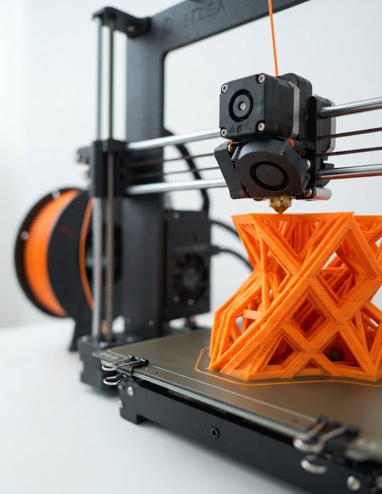 Wide panoramic shot of a modern 3D printer nozzle precisely laying down orange filament onto a partially finished intricate 3D print, surrounded by soft studio lighting, with a clean, light background, off-center to the right, sharp details on 3D printed textures.