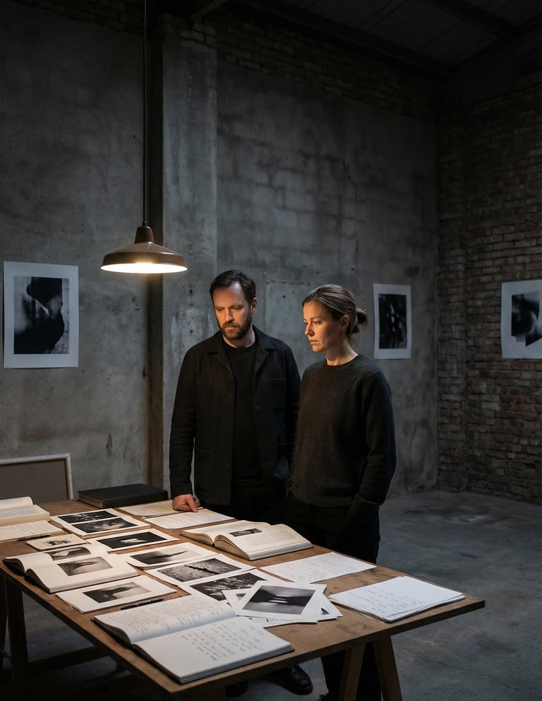 a man and woman standing in front of a table with papers and papers