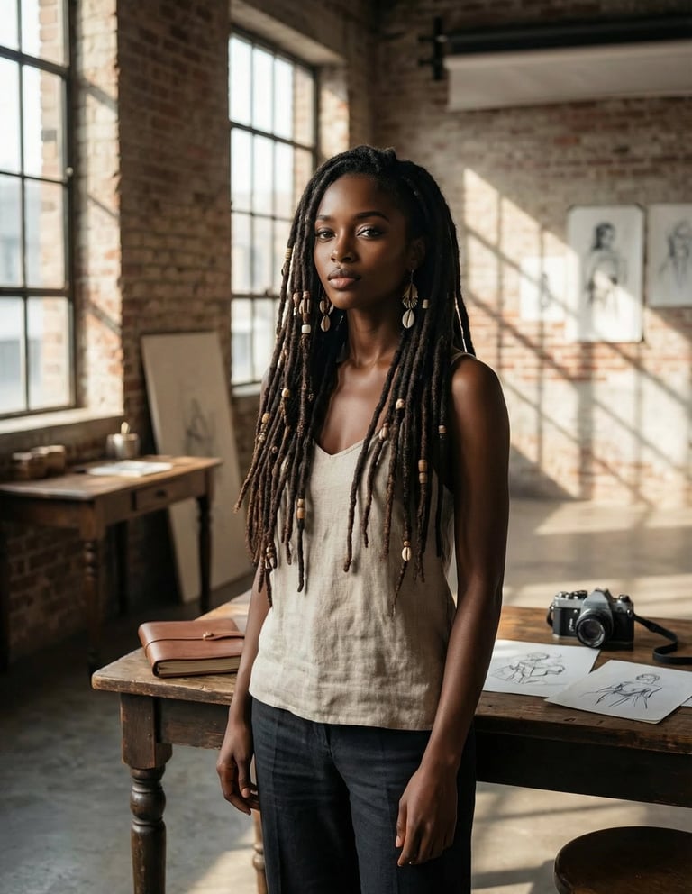 a woman with dreadlocks standing in front of a table