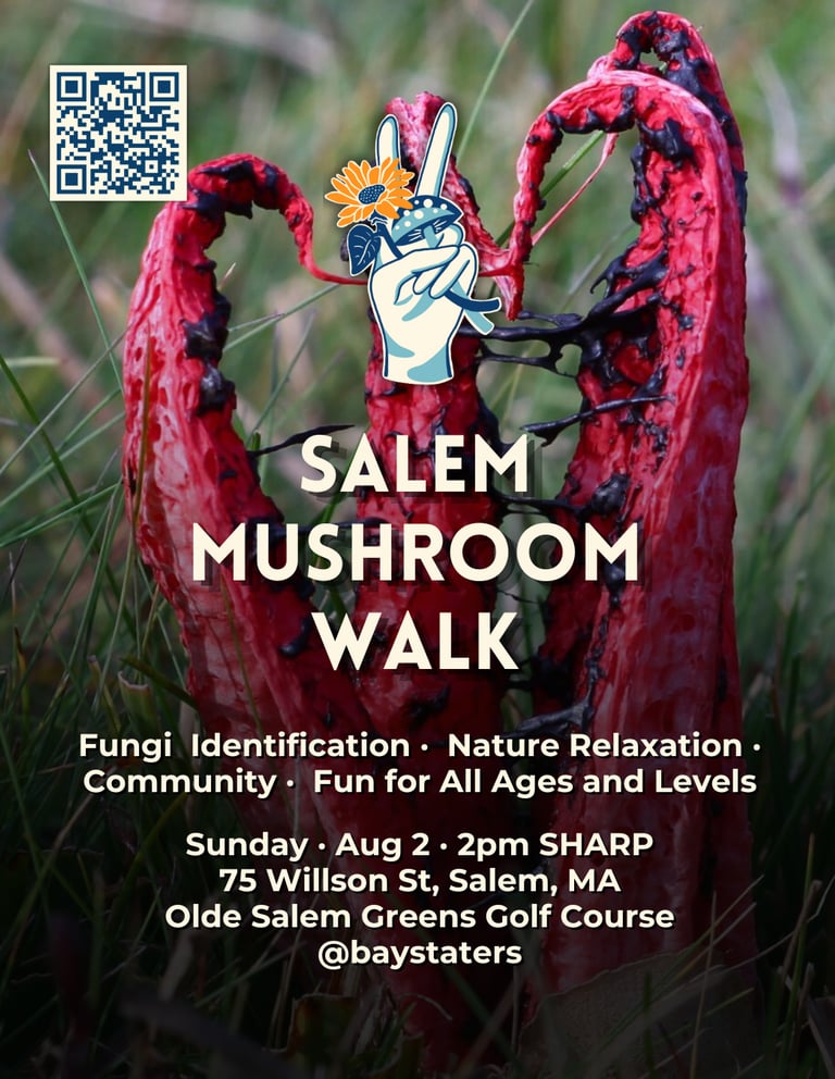 Poster for Salem Mushroom Walk featuring a red octopus stinkhorn fungus and event details in Salem, MA.