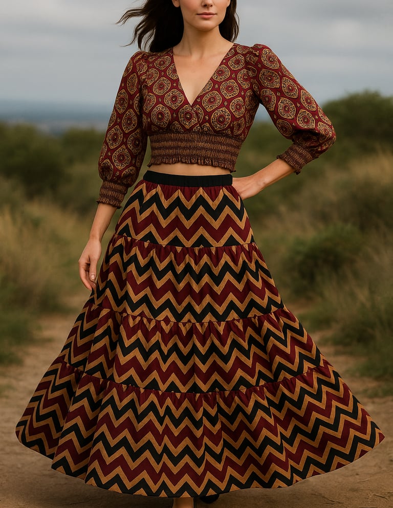 a woman in a long dress standing in a field