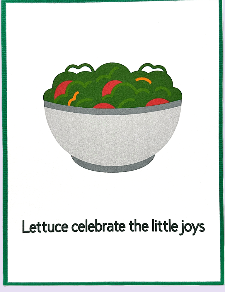 Handmade celebration card with bowl of lettuce and cute pun.