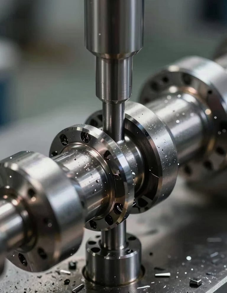 Extreme close-up of a high-precision digital micrometer measuring a freshly ground crankshaft journal, cool industrial workshop lighting, metallic textures and steel shavings visible