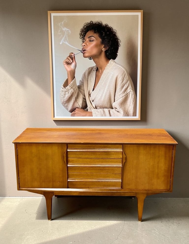 Jentique teak sideboard with Mid Century Modern design, practical storage, and timeless vintage retro style.