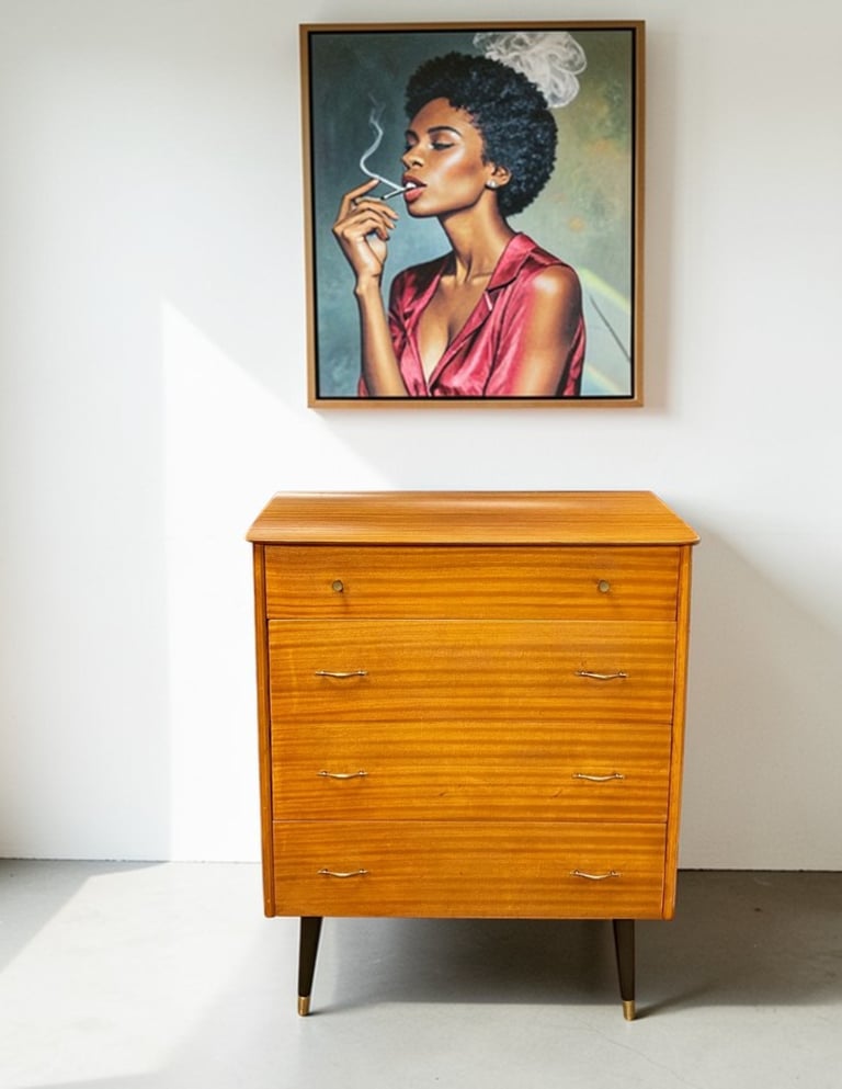 Avalon Mid Century chest of drawers in teak with retro vintage design and practical bedroom storage.
