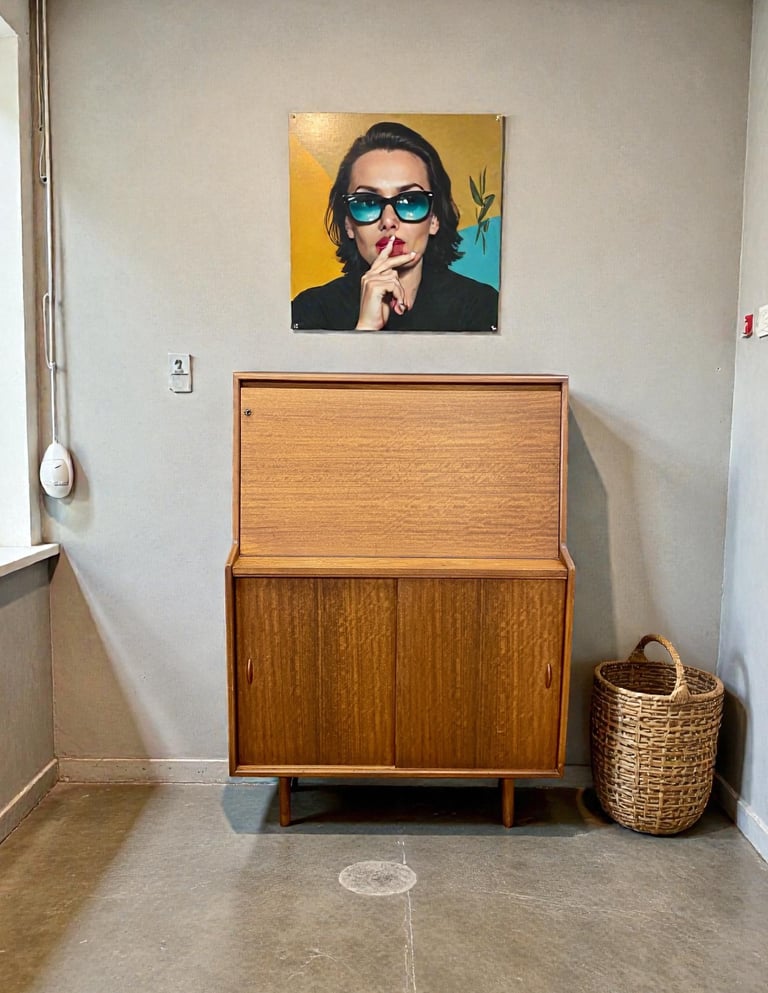 Jentique Mid Century writing bureau in teak with retro vintage design, fold-down desk and practical storage.