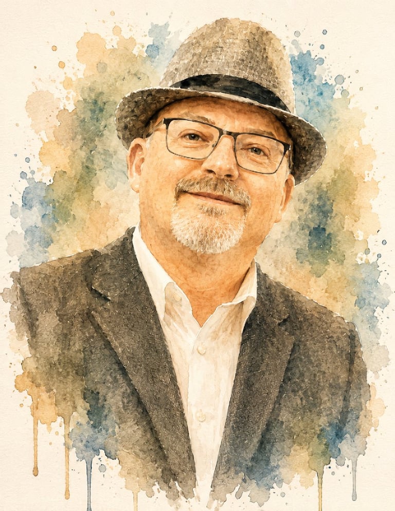 Watercolor digital portrait of artist Andy Smart smiling man wearing a fedora hat and glasses.