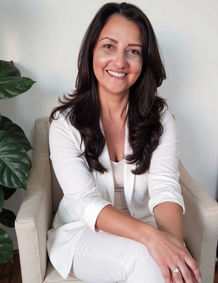 Foto de terapeuta floral sorrindo com fundo branco para atendimento de terapia floral.