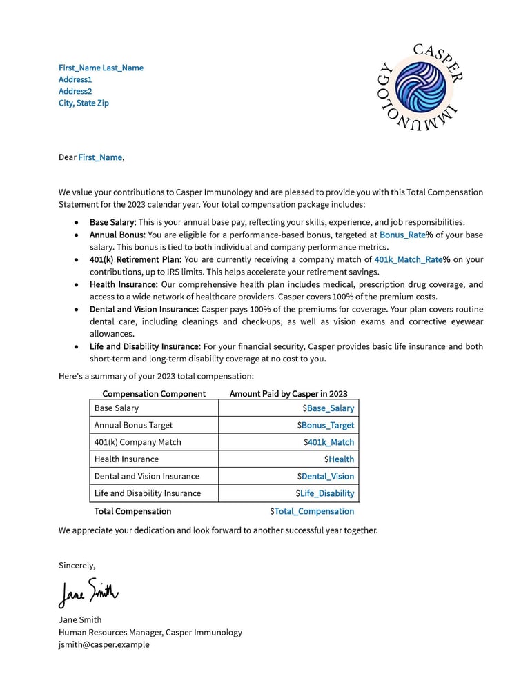 model total compensation statement with placeholders for mail merge fields