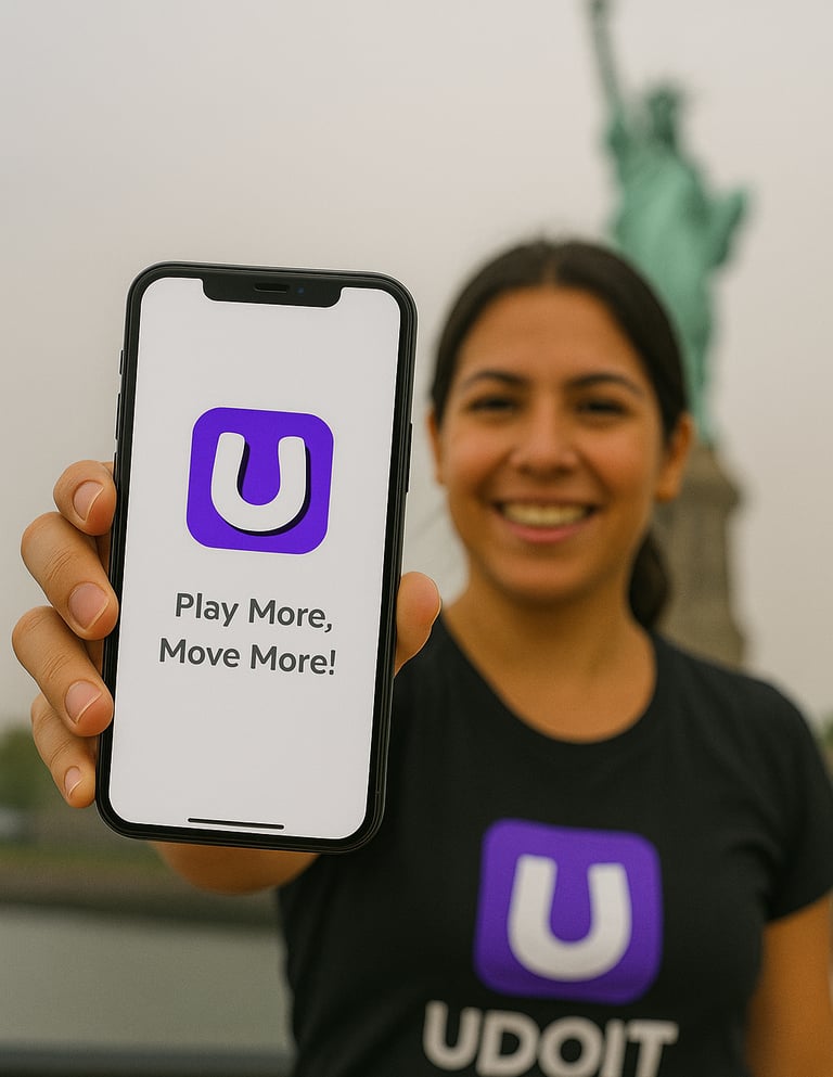 Person holding a phone displaying the UDOIT app logo and slogan.