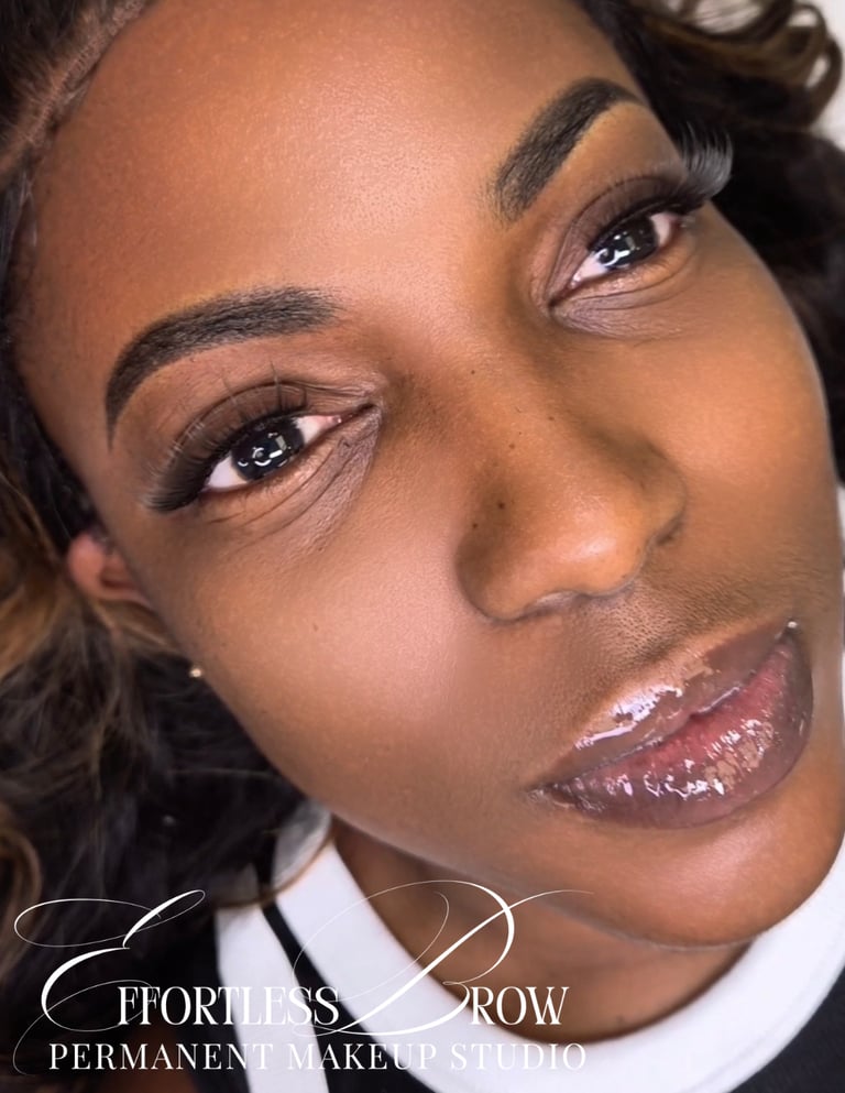 A view of symmetrical and softly defined ombre powder brows immediately after the service.