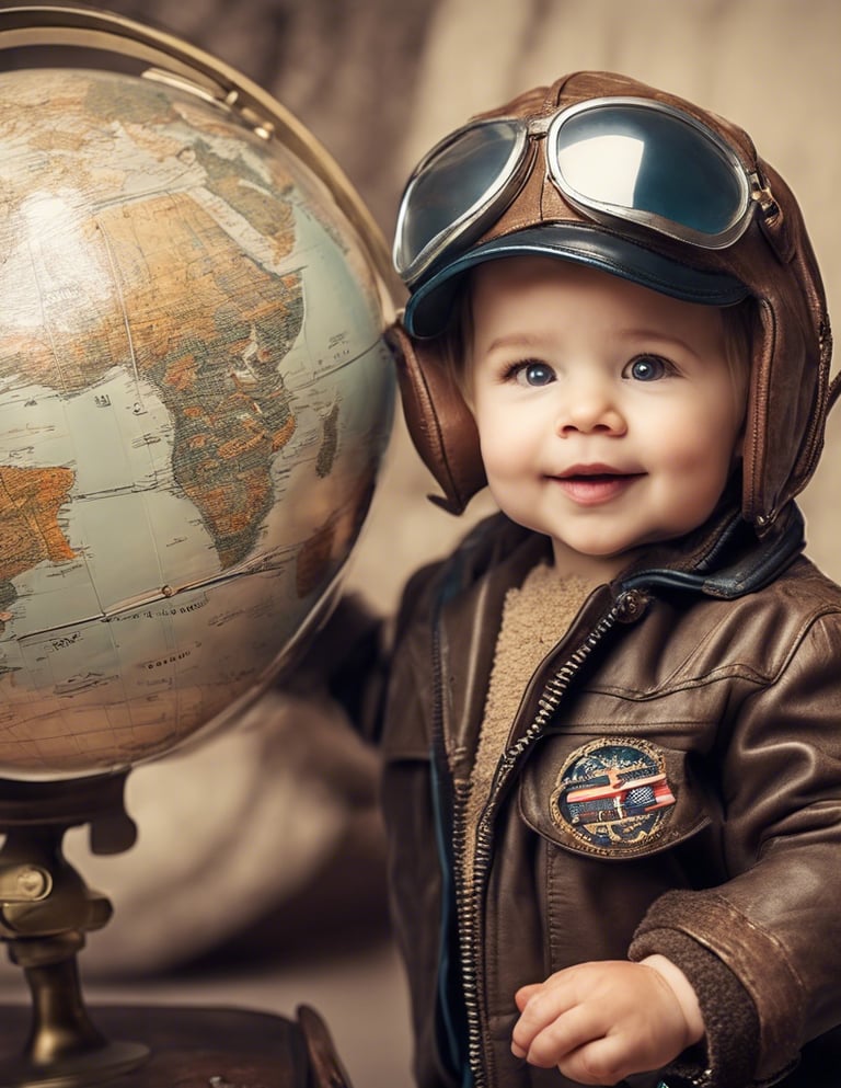 Toddler in vintage pilot uniform for studio photography