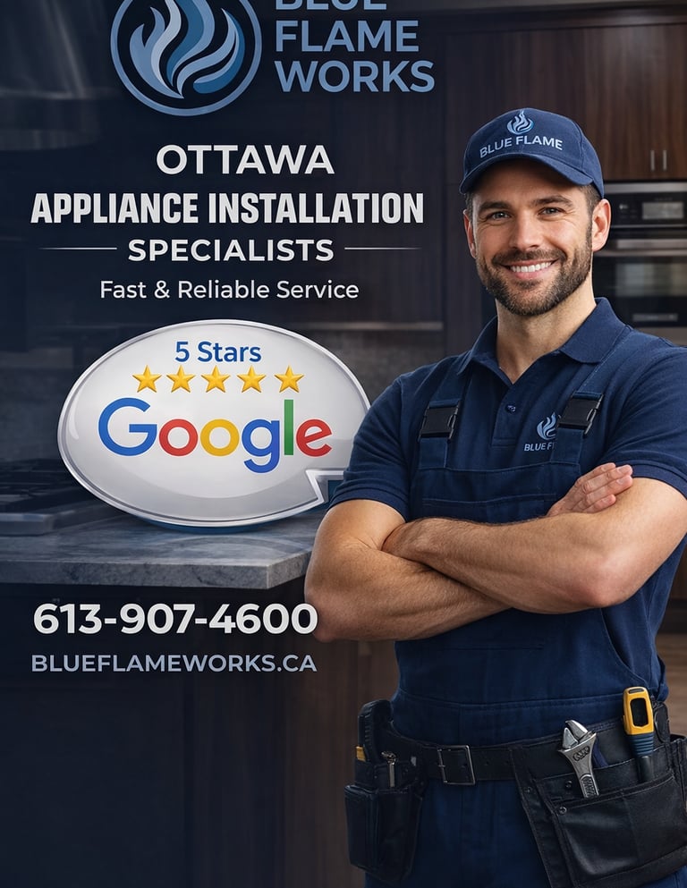 Blue Flame Works ad with smiling technician, 5-star Google rating, phone, and website.