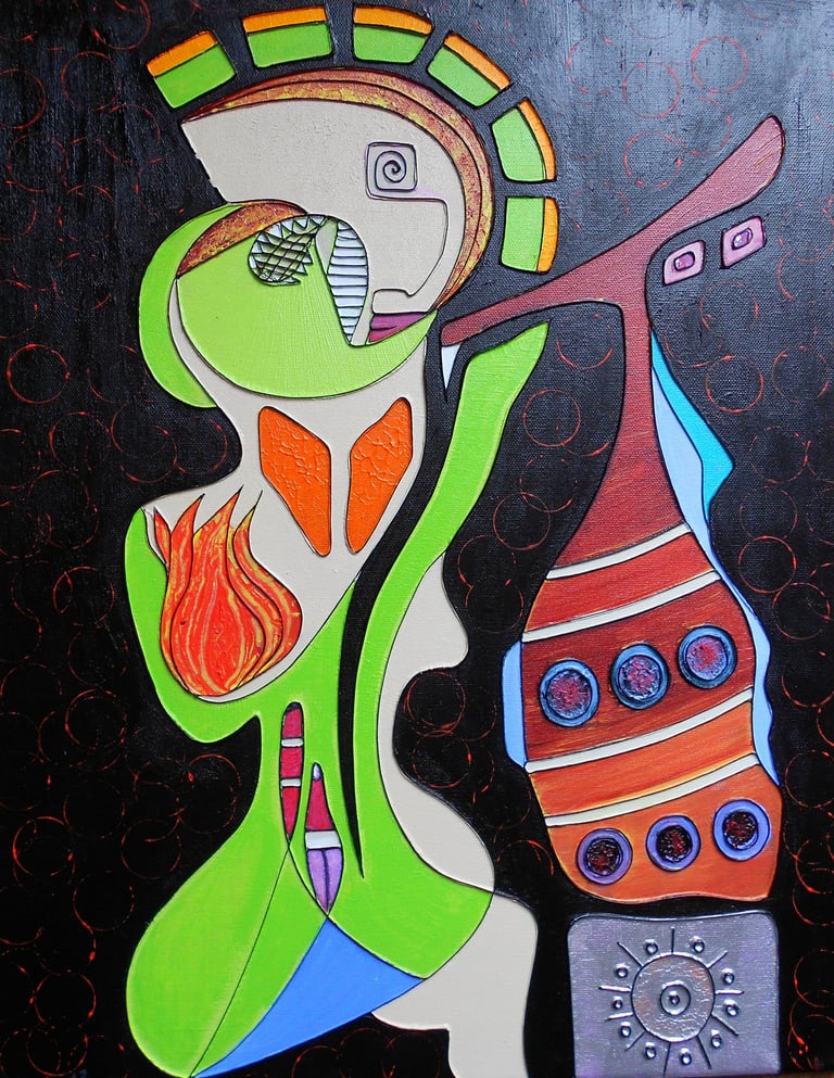 Replica, abstracted femininity using vibrant coloured shapes of a women with child., by Kristina Lee