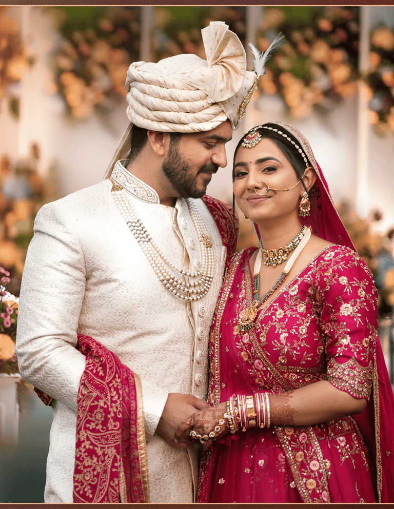 "Traditional Indian wedding photo of a smiling bride in a red and gold embroidered lehenga, & groom
