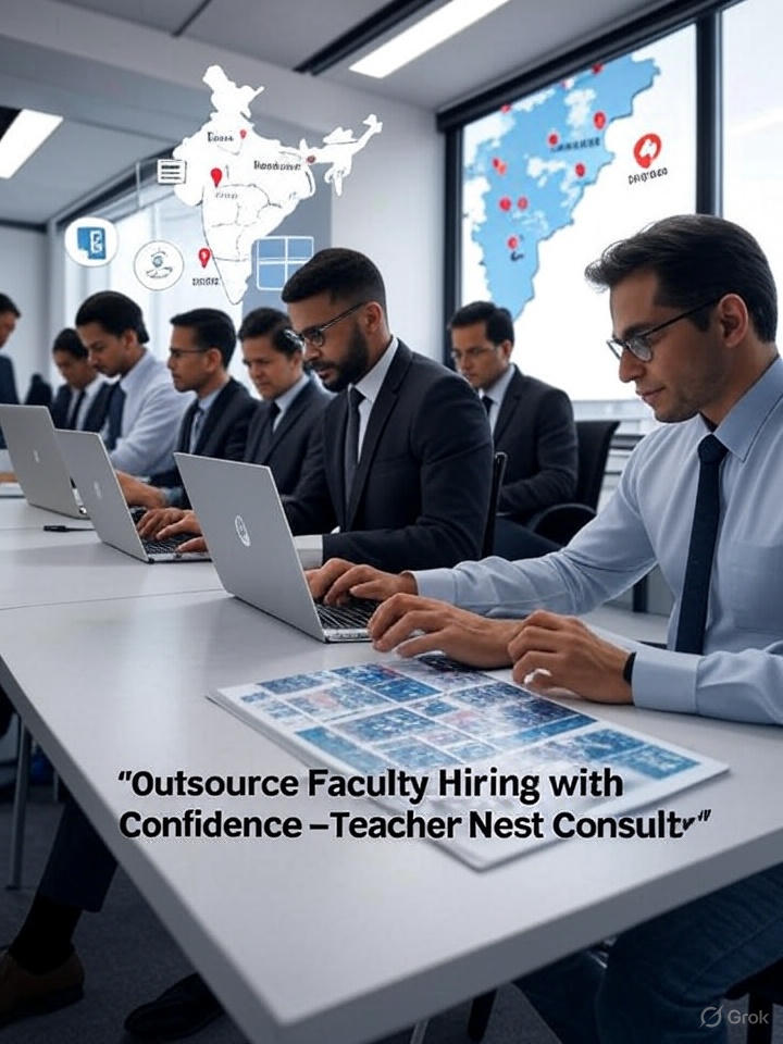 Illustration of two professional recruiters from Teacher Nest Consultancy reviewing faculty resumes