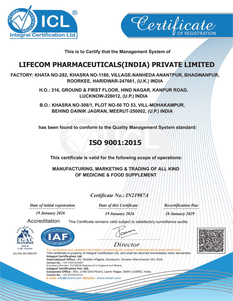 ICL Certificate Lifecom Pharma