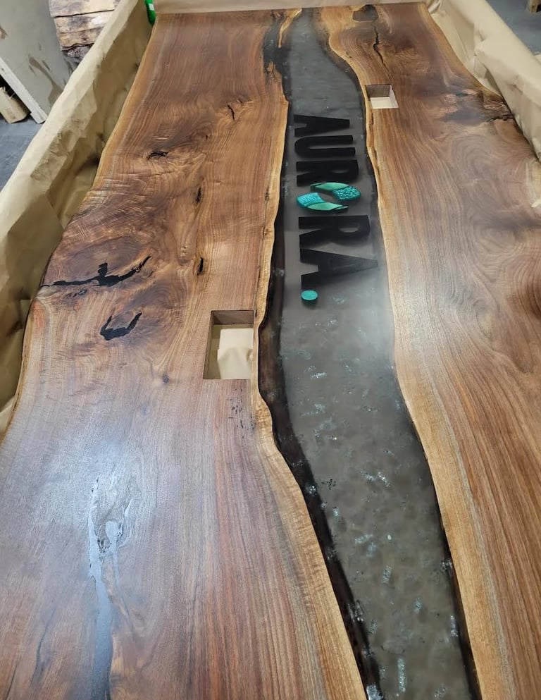 Close-up of premium Black Walnut grain on a handcrafted live edge conference table