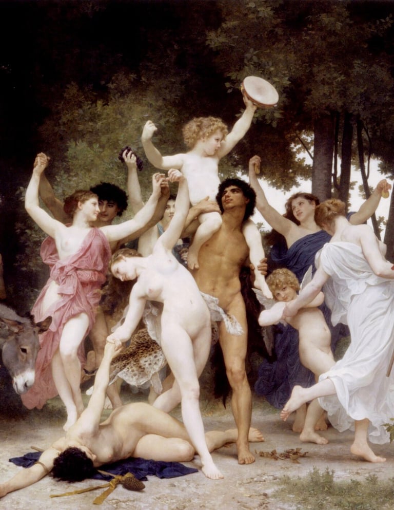 Classical oil painting The Youth of Bacchus by William-Adolphe Bouguereau depicting a mythological celebration.