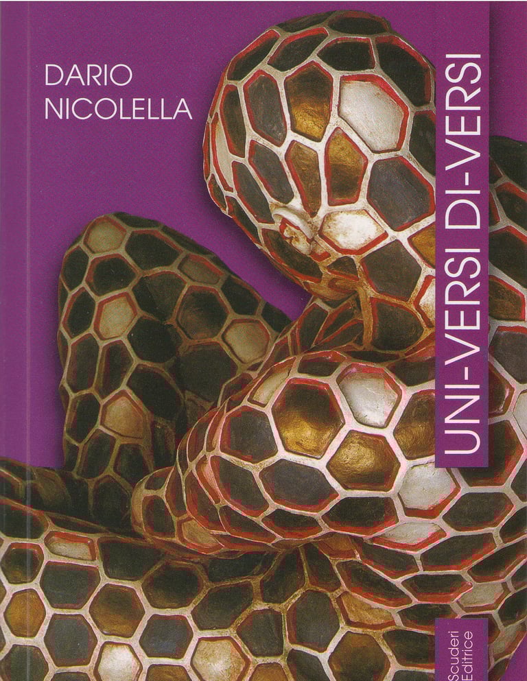 Book cover for Uni-versi Di-versi by Dario Nicolella featuring a figure in a hexagonal patterned bodysuit.
