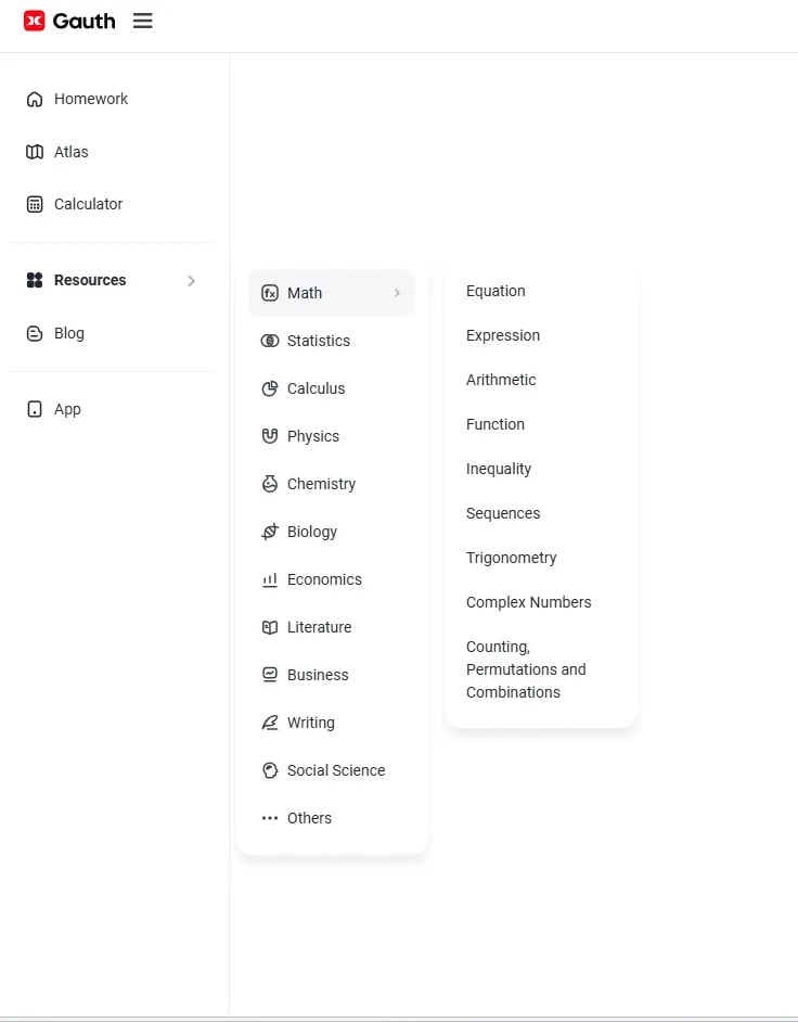 Gauth AI dashboard displaying learning categories including Math, Statistics, Calculus, Physics, Che