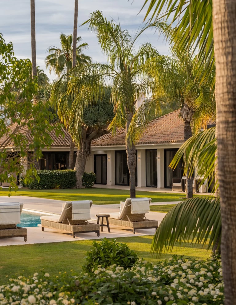 Pool terrace framed by palm trees and greenery