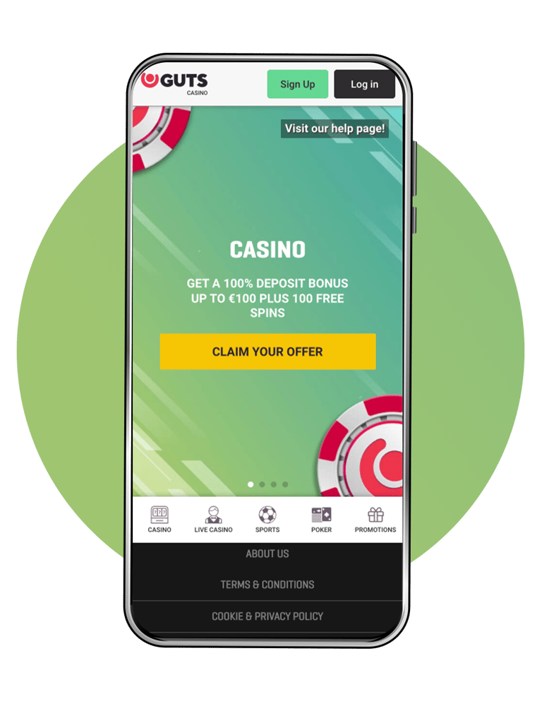 Guts mobile promo screen—green “Casino” welcome offer with yellow ‘Claim your offer’ CTA and bottom