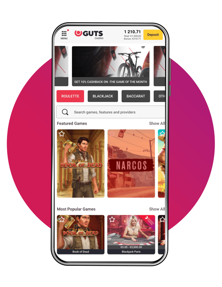 Guts mobile casino—banner carousel, category chips, search bar, featured games grid, Deposit button