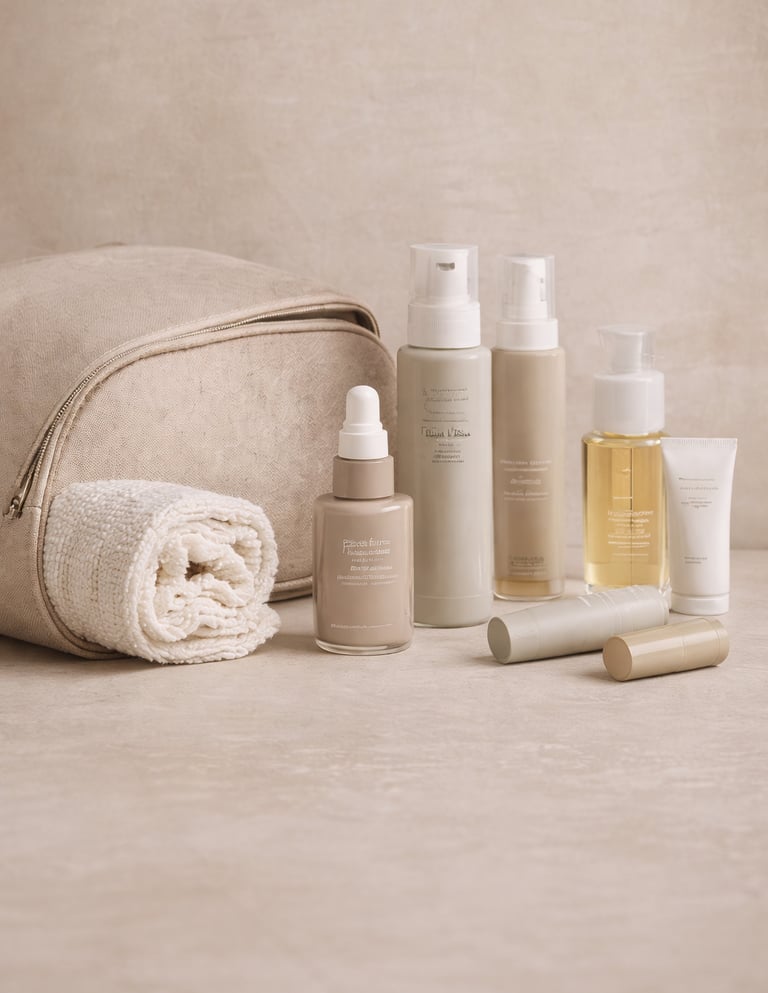 Luxury travel skincare essentials neutral flat lay