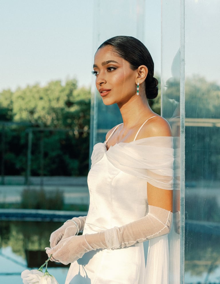 Minimalist bride Zahra Omarji wearing sleek low bun