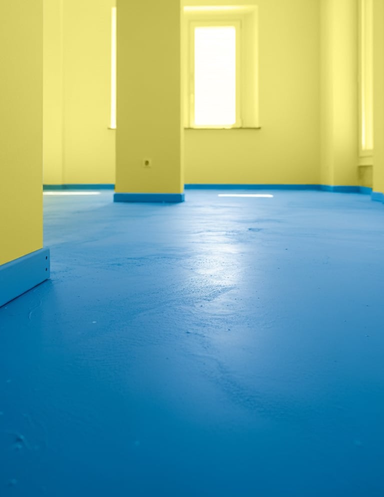 imagem de uma sala vazia com o piso pintado em azul claro e as paredes e colunas em amarelo.