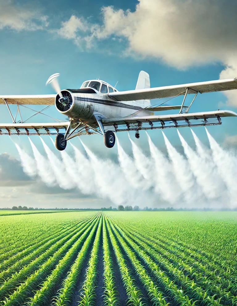 avião sobrevoando plantação para pulverizar produtos