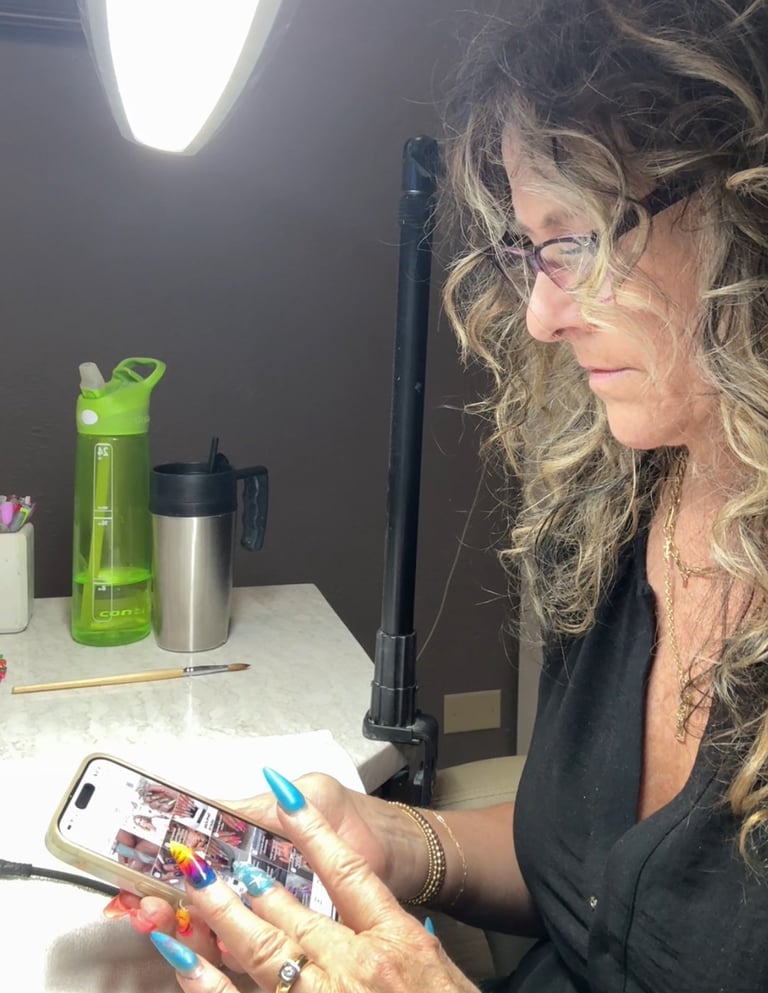 Nail technician looking at another nail tech’s social media feed, distracted from her own work