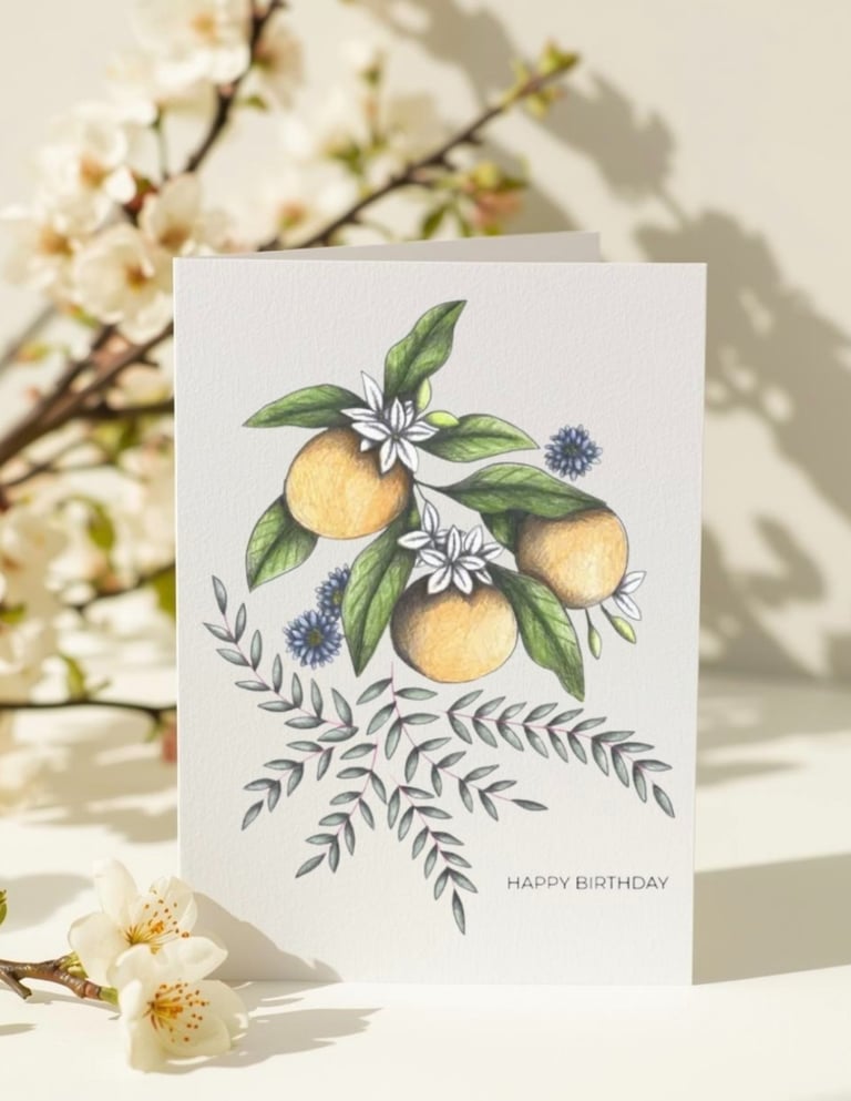 Greeting Card with a Orange Fruit illustration, surrounded by white flowers