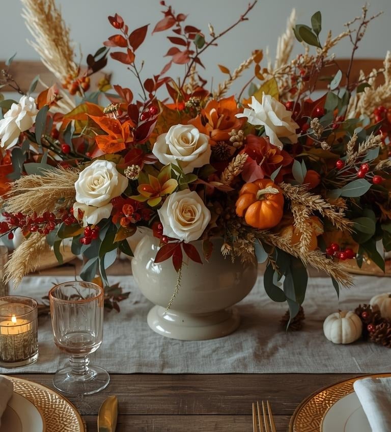 a table with a centerpiece that has a vase filled with flowers and candles